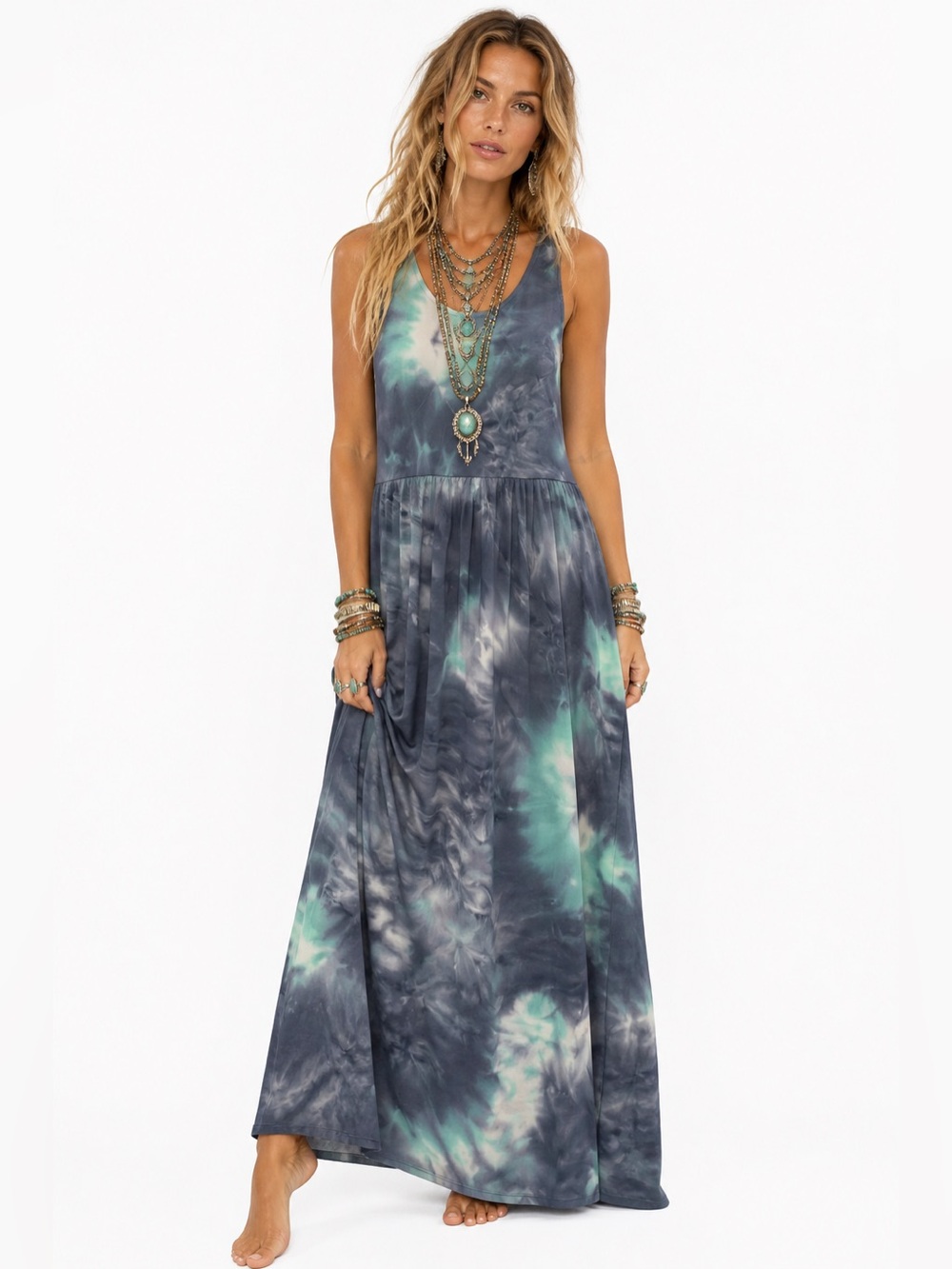 Beeson River Bohemian Blue & Teal Tie-Dye Maxi Sundress